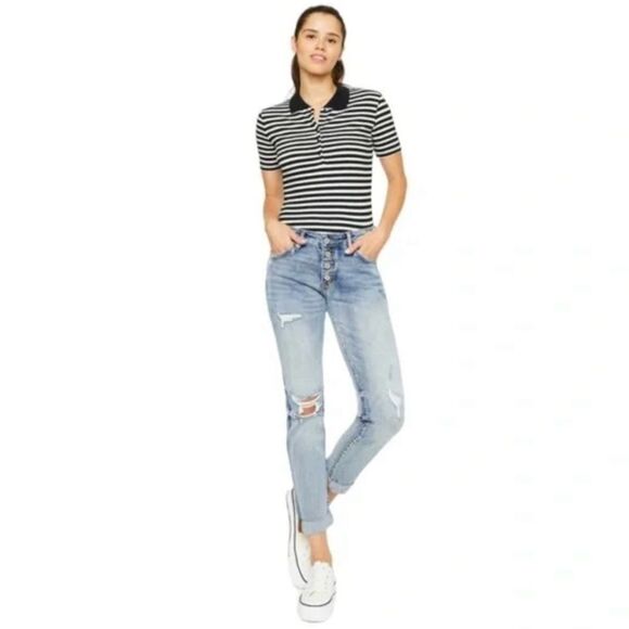 KanCan Clairie Mid Rise Distressed Button Fly Boyfriend Jean - Picture 1 of 12